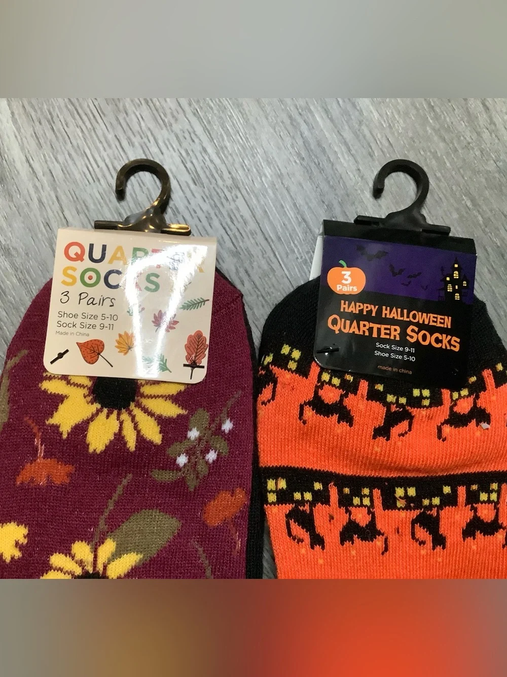Women's Halloween Cat & Sunflower Quarter Sock Duo - Orange, Black & Burgundy